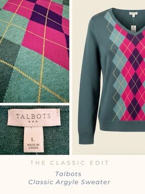 Talbots | Cotton Argyle Sweater | NWT | Forest Green V-Neck Classic Knit